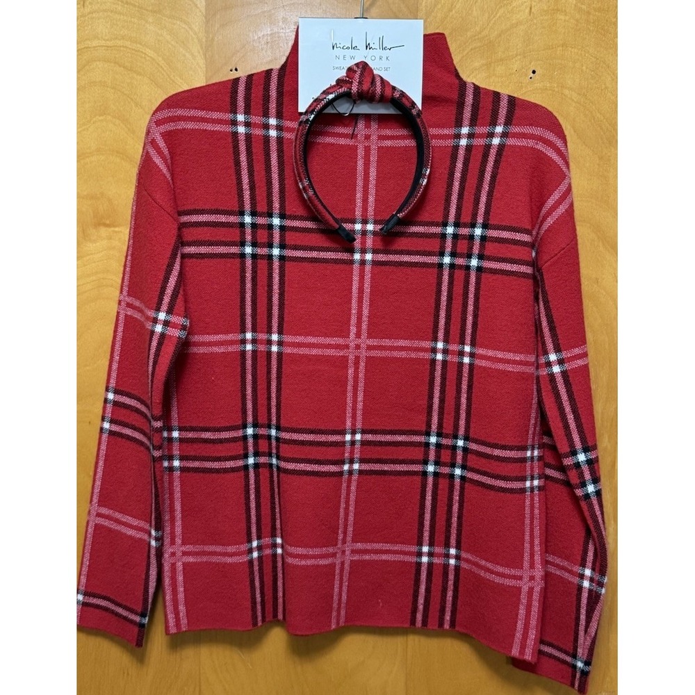 Nicole Miller Womens Sweater Headband Set Christmas Plaid Sz XS